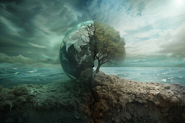 The contrasting green tree and dying tree of global warming vs climate change. - obrazy, fototapety, plakaty