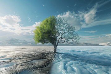 The contrasting earth and dying tree of global warming vs climate change. - obrazy, fototapety, plakaty