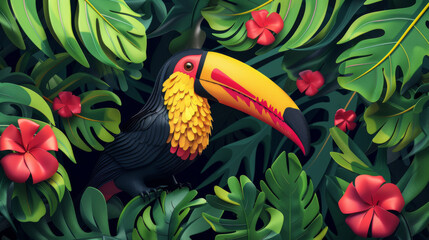 Fototapeta premium Digital art of a vibrant toucan surrounded by lush greenery and red flowers in a stylized jungle scene.