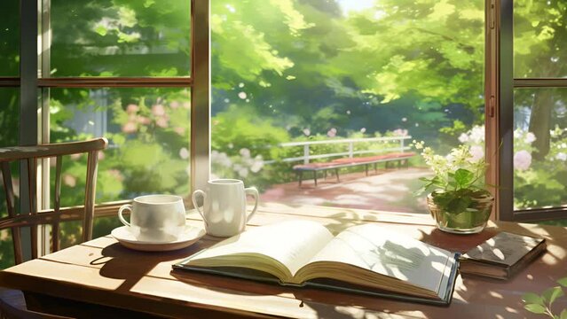 A cup of tea on the table on a sunny morning with natur views anime/cartoon style. V.7 4k virtual video animation.