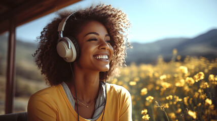 Happy girl wearing headphones smiling enjoying music