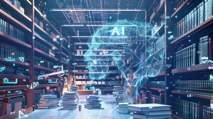 AI knowledge, depicted as a network of libraries, databases, and virtual books.