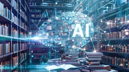 AI gathering knowledge from diverse sources, depicted as a network of interconnected libraries, databases, and virtual books.