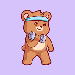 Cute bear workout with barbell cartoon vector icon illustration. Flat style animal cartoon logo mascot