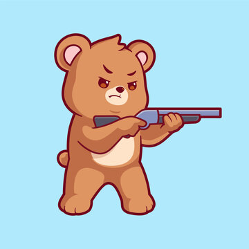 Cute bear holding guns cartoon vector icon illustration. Flat style animal cartoon logo mascot