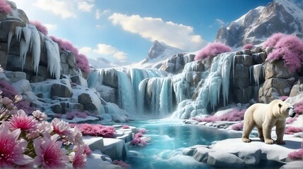 Digital Illustration of Exotic Frozen Waterfalls with Mountain and Polar Bear for Wallpaper - obrazy, fototapety, plakaty