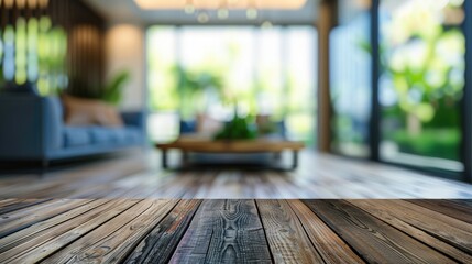 Empty Wooden Surface With Blurred Living Room Background