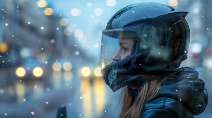 Side view of a woman wearing closed full face motorcycle helmet.