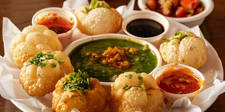 plate of pani puri with white paper cups filled with green and red sauce, generative AI
