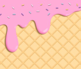 Melting strawberry ice cream with topping on wafer background 
