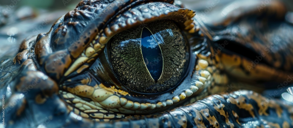 Poster intense close-up view of a crocodile's eye with water droplets surrounding the pupil and intricate p