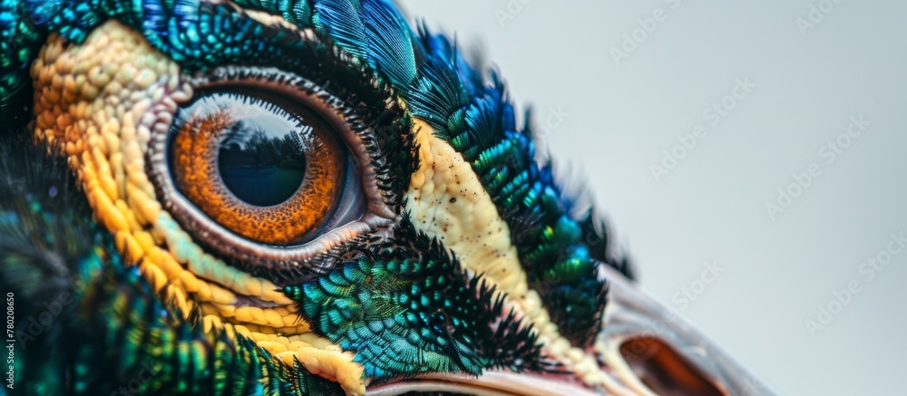 Poster vibrant and vivid bird featuring a close-up shot focused on its multicolored face and plumage, showc
