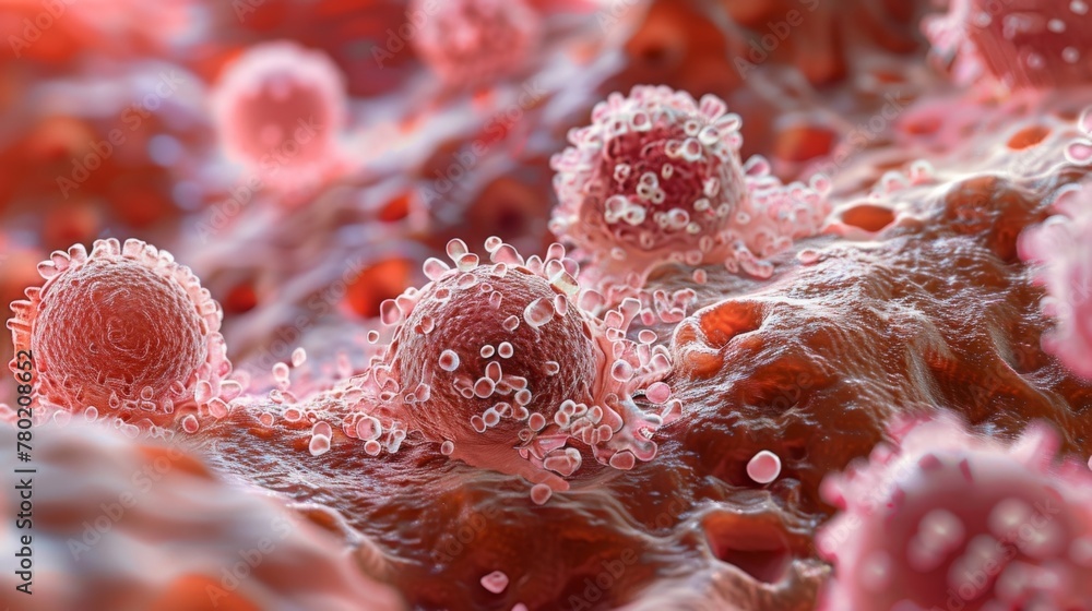 Poster a closeup image of a human red cell with multiple small spherical s attached to its surface. the s a