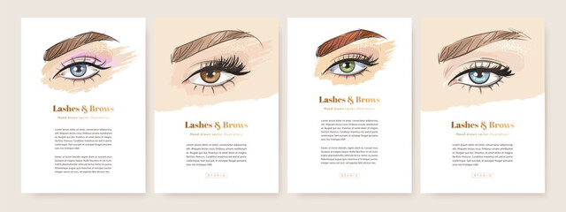 Lashes and brows beauty studio poster design set. Flyer or web banner template collection with hand drawn female make up open eye. Vector iluustration