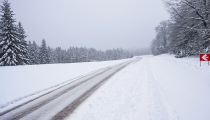 Fototapeta premium Snowfall Warning: Sign on a Snowy Road