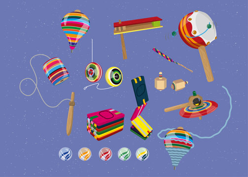 Vector illustration of typical Mexican toys. Mexican tradition. yoyo, balero, wooden toys,
Handmade Mexican toys, trompo, yoyo, matraca, canicas