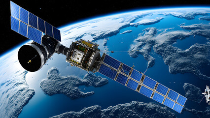A communication satellite in outer space of the earth, technology business background