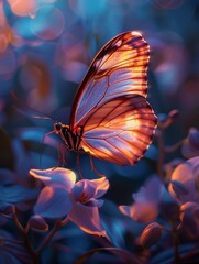 Dreamy butterfly, orchid petal wings, ethereal glow, twilight setting, eyelevel, magical ambiance - obrazy, fototapety, plakaty