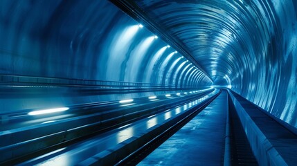 Highspeed capsules in mountain tunnel, dusk, forward view, cool blue lighting