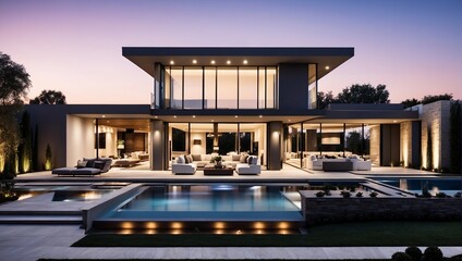 A modern house with a pool.

