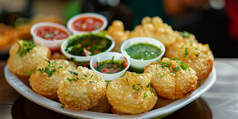 plate of pani puri with white paper cups filled with green and red sauce, generative AI