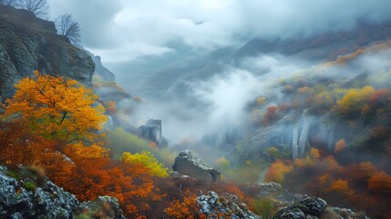 Autumn Elegance: Mountain Mist Wanderings./n