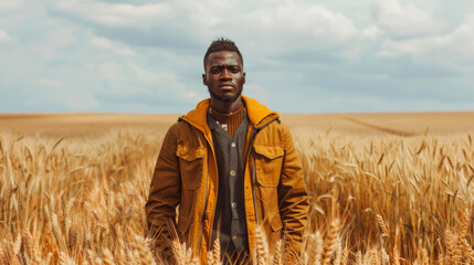 Naklejka na ściany i meble A trendy black man poses amidst a field of golden wheat his ensemble a perfect fusion of contemporary streetwear and natural elements showcasing the limitless possibilities when nature .