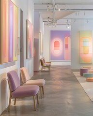 An art gallery filled with pastel art pieces, modern and minimalistic, inspiring creativity