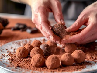 Hands shaping chocolate truffles, cocoa powder dusting, delicate dessert crafting