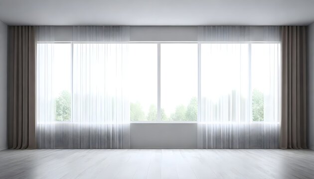 3d rendering of a wide panoramic window with curtains, product display, interior mockup