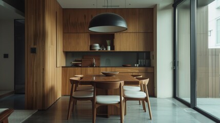 The dining area showcases a minimalist wooden table surrounded by four matching chairs with white leather seats. Above the table a sleek black pendant light hangs from the ceiling . - obrazy, fototapety, plakaty