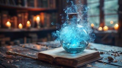 Blue Potion spell bottles with magic book and wand fantasy magic illustration - obrazy, fototapety, plakaty