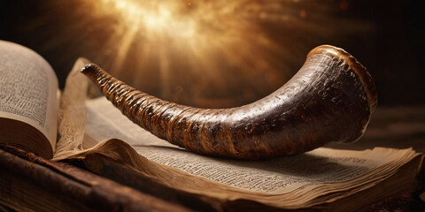 The Mystic Horn and Ancient Text. A polished shofar horn resting atop an open, aged book. The scene is illuminated by the ethereal glow of sparks, creating a mystical atmosphere 