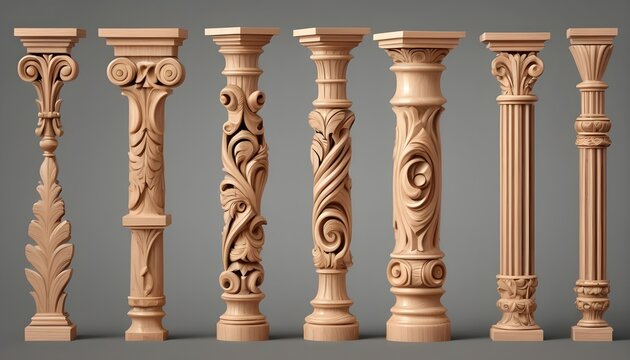 3d illustration. A set of carved wooden carpentry elements of columns, brackets, balustrades

