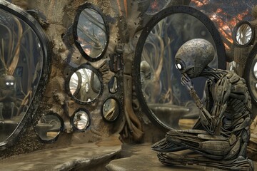 steampunk alien creature in contemplation amid a biomechanical environment