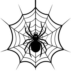 Obraz premium spider on web, black spider on web silhouette vector illustration,icon,svg,spider characters,Holiday t shirt,Hand drawn trendy Vector illustration,web on a white background