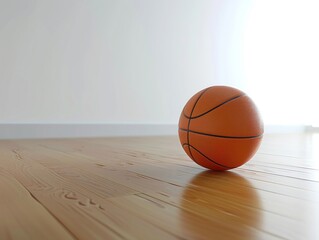 Basketball on hardwood floor, clean white background