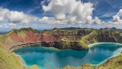 A blue lake in a volcanic crater with green and brown vegetation on the rim of the crater under a blue sky with white clouds

 - obrazy, fototapety, plakaty