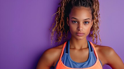 A dark-skinned athletic girl on a purple background.
