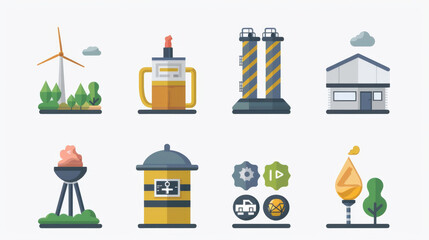 A colorful set of icons representing sustainable energy solutions and environmental care.