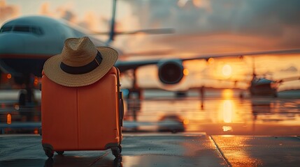 An orange suitcase with a hat on the background of a landed plane.
