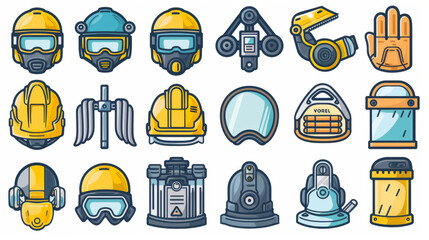 Colorful set of various safety equipment icons suitable for industrial use.