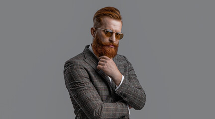 Redhead man in menswear tuxedo. Man wear elegant formal menswear. Elegance of bearded man in formal...