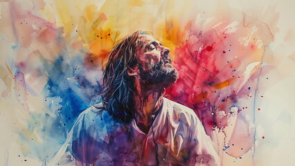 Watercolor painting of Jesus Christ. Portrait of spiritual leader. generative ai - obrazy, fototapety, plakaty