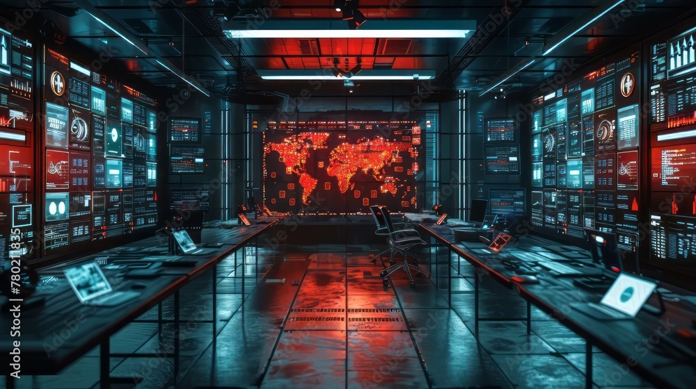 Poster a computer room with a large screen showing a map of the world. the room is filled with computer mon