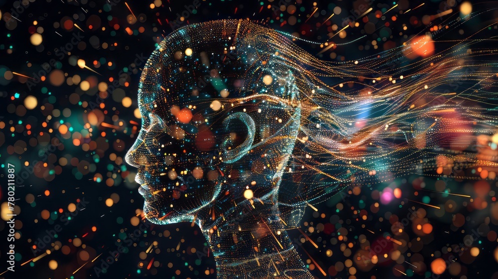 Aufkleber a woman's face is shown in a computer generated image with a lot of colorful lights. the image is ab