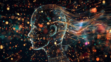 A woman's face is shown in a computer generated image with a lot of colorful lights. The image is abstract and has a futuristic feel to it - obrazy, fototapety, plakaty