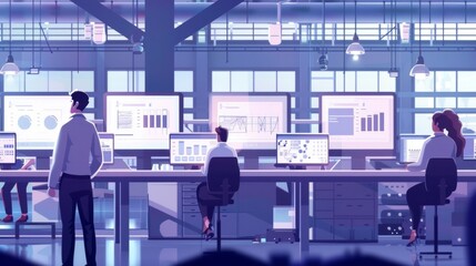 A team of engineers and technicians intently monitoring computer screens and data readouts ensuring optimal performance and efficiency . .