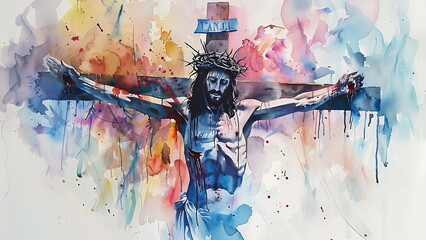 Watercolor painting of the Crucifixion of Jesus Christ on the crucifix cross before ascending to Heaven to be with God, Generative AI