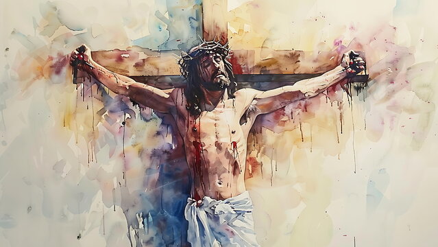 Watercolor painting of the Crucifixion of Jesus Christ on the crucifix cross before ascending to Heaven to be with God, Generative AI